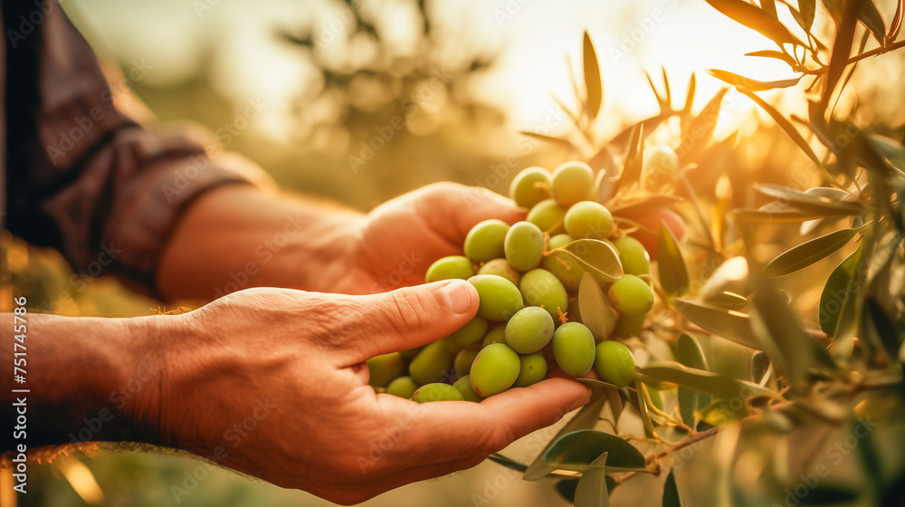 Hands of a man picking olives from the branches, illuminated by the setting sun Hands of a man picking olives from the branches, illuminated by the setting sun