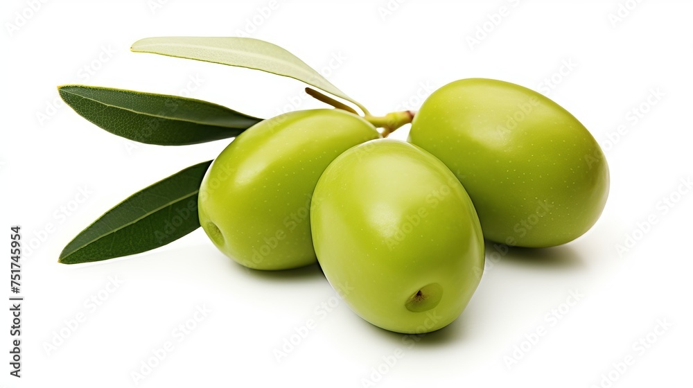 A pair of green olives, nestled on a branch with leaves, set against a white background in isolation. A pair of green olives, nestled on a branch with leaves, set against a white background in isolation.