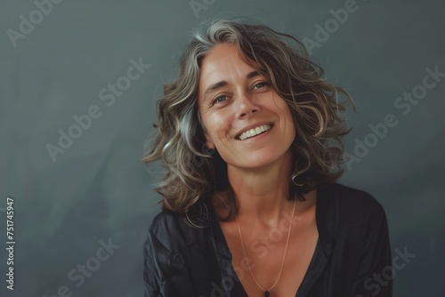 A woman with long hair is smiling and wearing a necklace