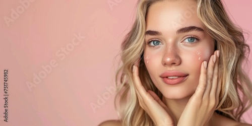 young woman blonde smooth skin and silky hair close-up portrait Generative AI