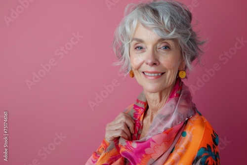 elderly woman on pink background portrait Generative AI