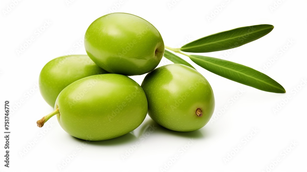 A single olive branch bearing two ripe green olives, displayed in isolation against a white background. A single olive branch bearing two ripe green olives, displayed in isolation against a white background.