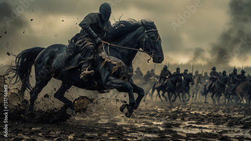 a warrior on a black horse galloping in the heat of battle. Generative AI