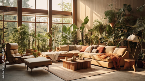 A unique living room with a Biophilic design, boasting earthy colors, natural elements, and an abundance of plants