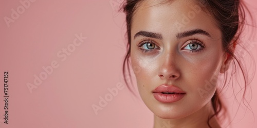 young brunette woman with smooth skin and silky hair close-up portrait Generative AI