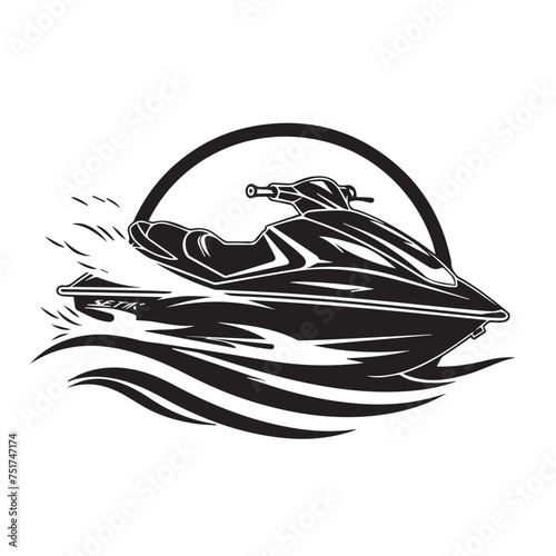 Jet ski in cartoon, doodle style . Image for t-shirt, web, mobile apps and ui. Isolated 2d vector illustration in logo, icon, sketch style, Eps 10, black and white. AI Generative