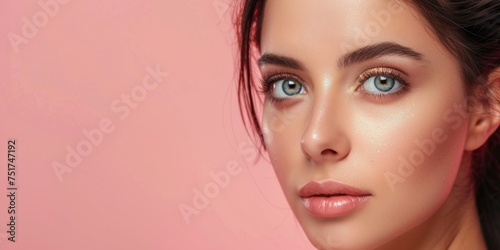 young brunette woman with smooth skin and silky hair close-up portrait pink background Generative AI