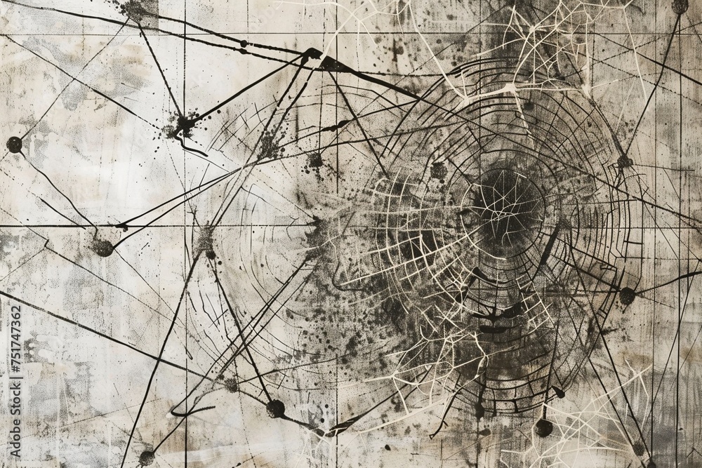A depiction of a conspiracy theory's organigram in gritty, rebellious artwork, marked with scratches for added intensity