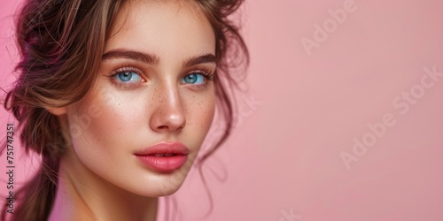 young brunette woman with smooth skin and silky hair close-up portrait pink background Generative AI
