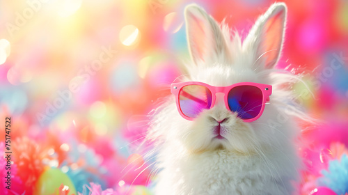 Cute fluffy white bunny sitting among flowers. Creative Easter banner in pastel neon pink yellow colors. Holiday card with copy space