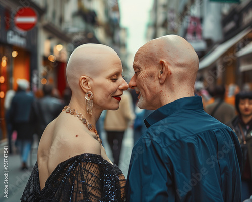 Ein alter Mann und eine Frau (Albino) zeigen ihre tiefe Verbundenheit und Zuneigung auf der Straße. KI generiert. photo