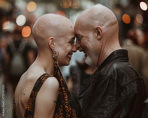 Ein alter Mann und eine Frau (Albino) zeigen ihre tiefe Verbundenheit und Zuneigung auf der Straße. KI generiert. photo
