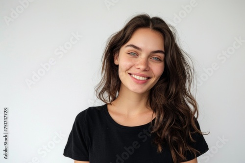 young woman in a black tank top on a white background Generative AI