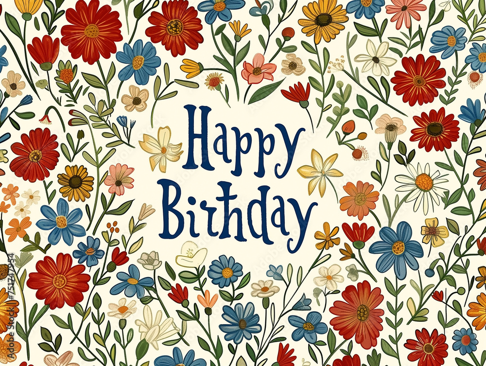 Floral pattern happy birthday card with vintage hand-drawn flowers