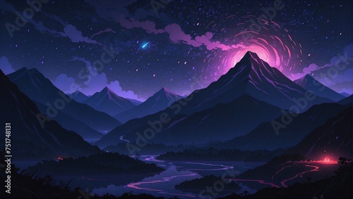 Landscape nature starry night, light purple galaxy, dark mountains, surrealism nature