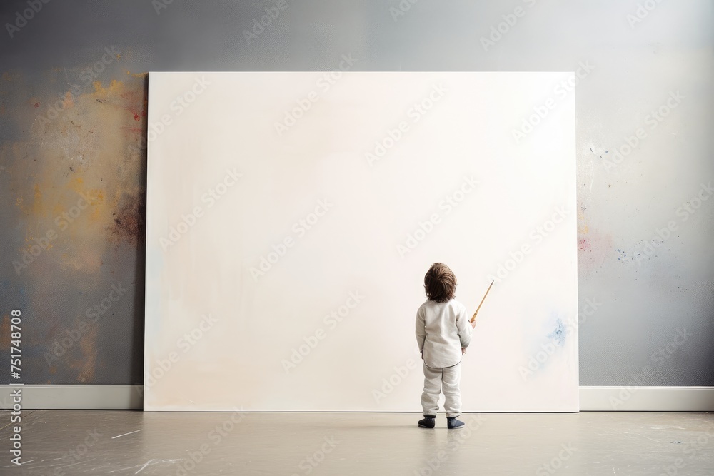 A child in white attire stands before a large, blank canvas, brush in hand, ready to make their mark A child in white attire stands before a large, blank canvas, brush in hand, ready to make their mark