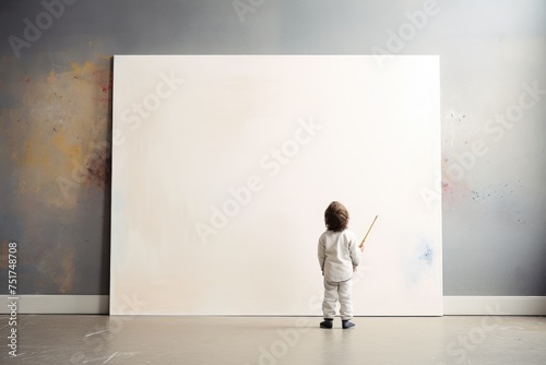 A child in white attire stands before a large, blank canvas, brush in hand, ready to make their mark