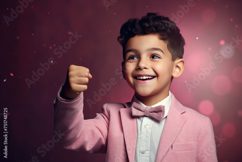 A joyful young boy in a pink suit and bow tie punches the air with his fist, celebrating a moment of triumph against a sparkling pink background photo