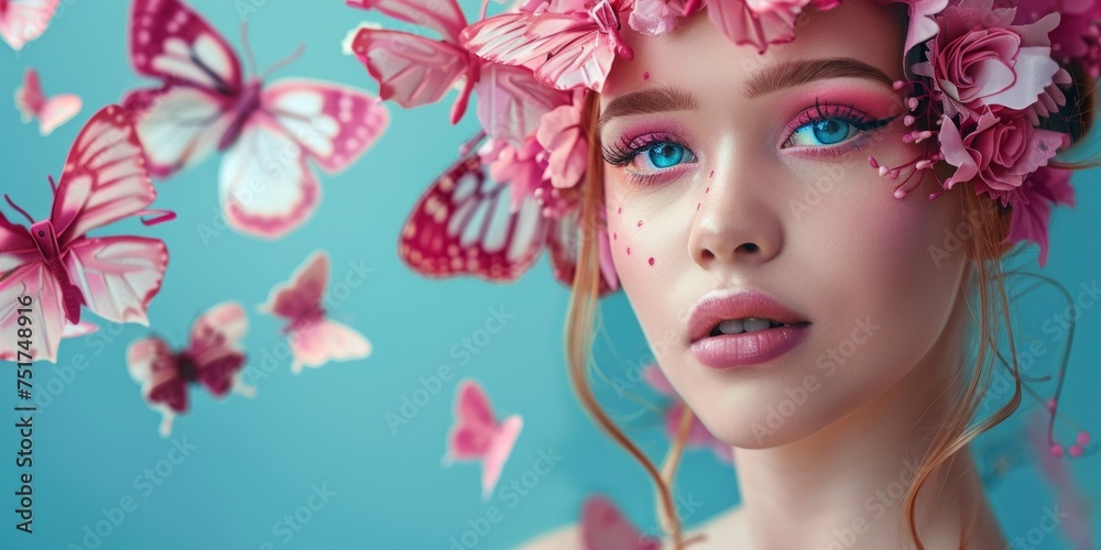 young woman with   butterflies close-up portrait Generative AI