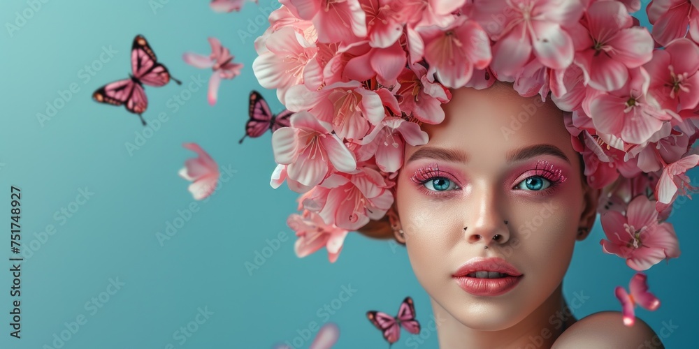 young woman with   butterflies close-up portrait Generative AI