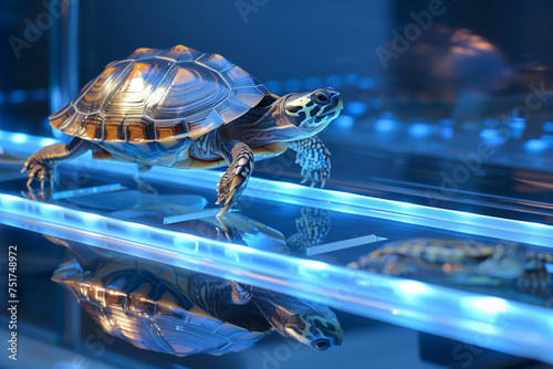 Turtle on a futuristic treadmill. A turtle is walking on a wet surface.
