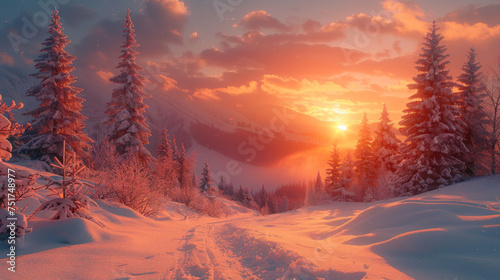 Snow covered trees in the mountains at sunset. Beautiful winter landscape. Winter forest. Creative toning effect.