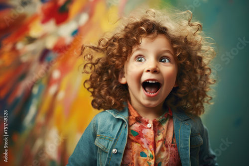 An excited young child with curly hair, wide open mouth, and amazed eyes, wearing a denim jacket against a blurred colorful background