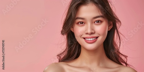young Asian woman with smooth skin and silky hair close-up portrait  pink background Generative AI