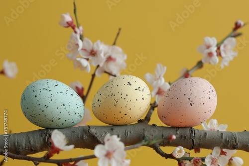 Pastel Easter Eggs Adorned with Speckles Resting on Blossoming Branch