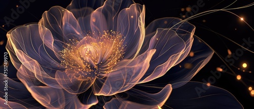 close-up features a glowing white lotus flower in full bloom. The flower floats on water against a black background, with its many symmetrical petals and yellow center emanating a soft light.