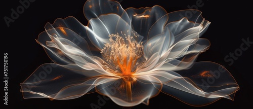A close-up of a glowing white lotus flower with orange tips. The flower is set against a black background.