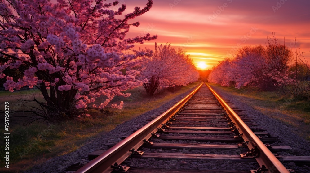 Spring sunset on railway tracks