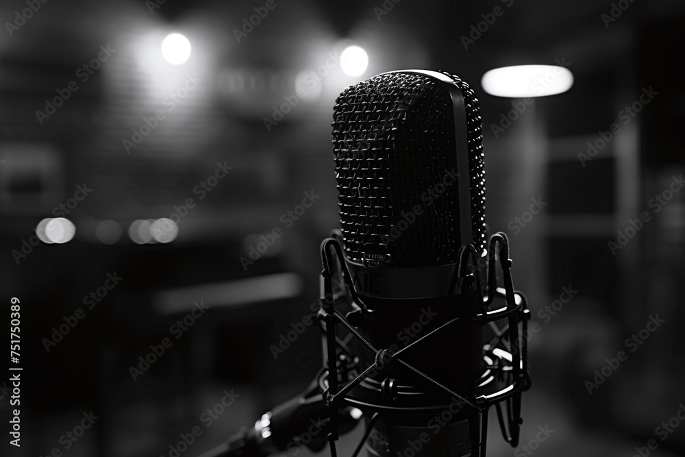 Microphone on isolated black background. Minimalistic style. Podcast microphome, Stand-up microphone. Microphone on isolated black background. Minimalistic style. Podcast microphome, Stand-up microphone.