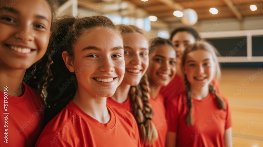 A smiling girls' volleyball team in red uniforms poses indoors, embodying teamwork, camaraderie, and the joy of youth sports A smiling girls' volleyball team in red uniforms poses indoors, embodying teamwork, camaraderie, and the joy of youth sports