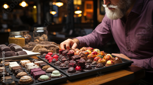 Chocolate tasting session: A man savoring and analyzing different chocolates.