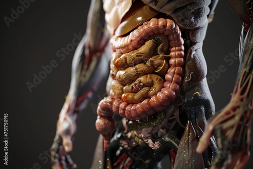 3D rendered medical illustration of male anatomy - Crohn's disease. plain black background. professional studio lighting. close up. lateral view photo