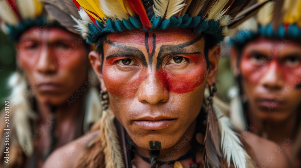 Group of Native American men proudly wearing traditional headdresses, showcasing their cultural heritage and identity