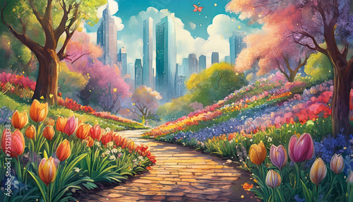 Detailed illustration of beautiful blooming park, city buildings. Natural scenery. Spring season.