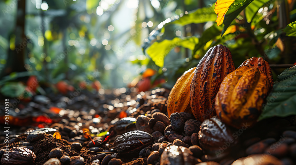 Cocoa bean harvesting: cocoa plantation during harvesting. - obrazy, fototapety, plakaty 