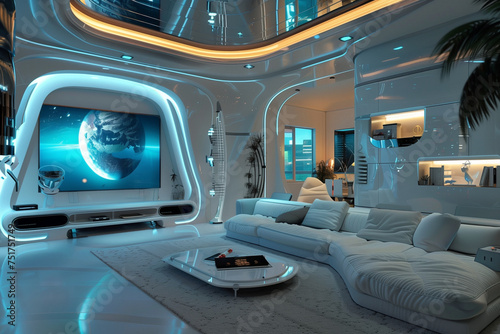 A futuristic bedroom with a white bed. The room is illuminated with lights and has a modern, sleek design