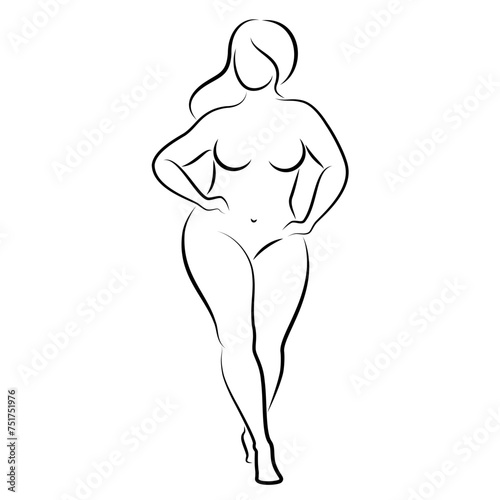 Silhouette of the figure of a slender naked woman. The girl is standing, she is overweight. A lady full of beauty and sexuality. Vector illustration.