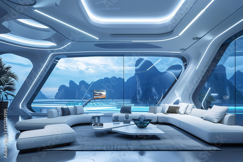 A futuristic bedroom with a white bed. The room is illuminated with lights and has a modern, sleek design © lashkhidzetim
