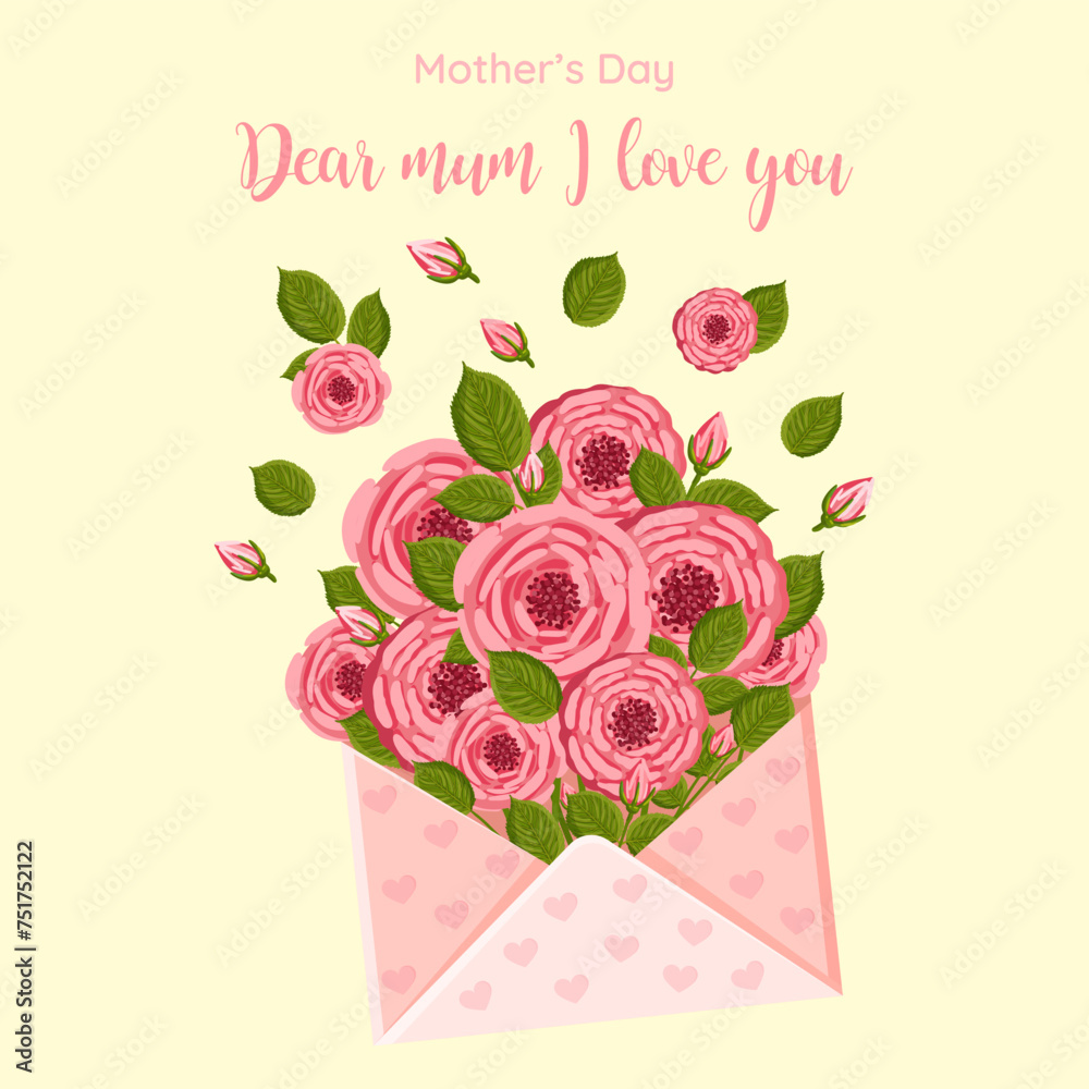 Mother's day greeting card. Vector bouquet of roses inside an envelope. Floral illustration for greeting card, poster, banner, decor etc.