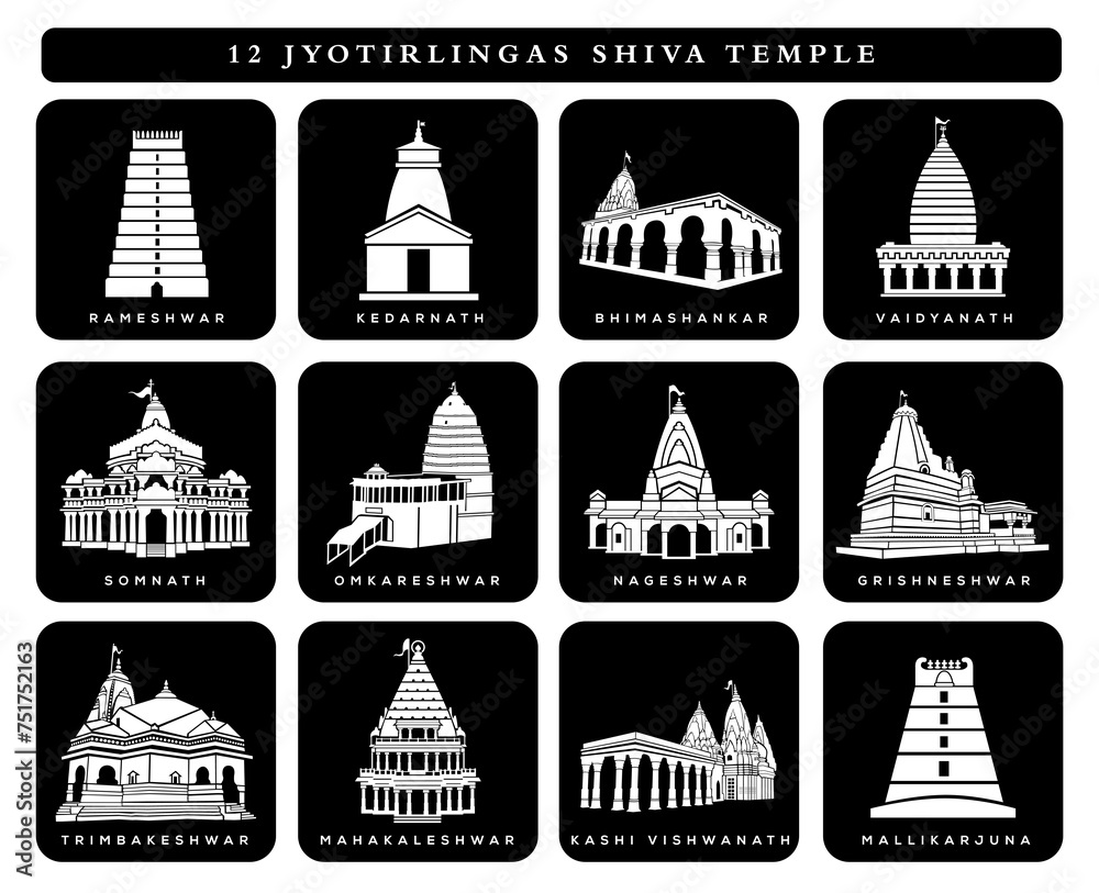 All Jyotirlinga temple illustration 