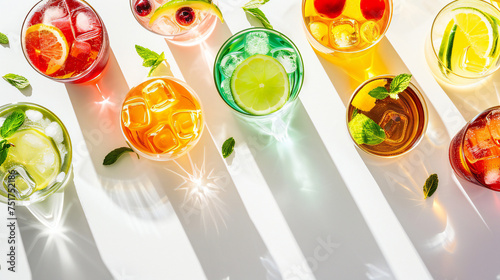 Summer cocktails drinks set. Assortment of multicolored strong and low alcoholic beverages for cocktail party. White background, hard light, shadows pattern, top view