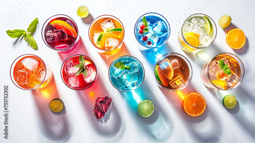 Summer cocktails drinks set. Assortment of multicolored strong and low alcoholic beverages for cocktail party. White background, hard light, shadows pattern, top view