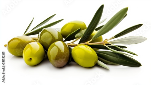 Fresh olives with leaves still attached, isolated on a white background, complete with a clipping path.