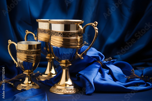 Elevate your achievements with this exquisite golden cup set against a backdrop of rich blue fabric adorned with elegant ribbons Generative AI,