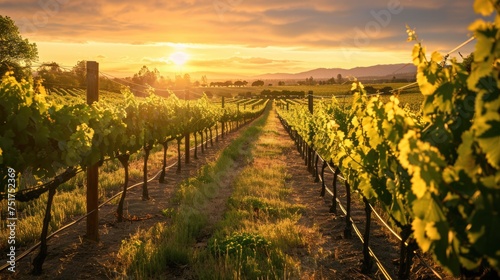 The setting sun casts a golden glow over row upon row of grapevines in a sprawling vineyard, symbolizing a rich harvest season. Resplendent.