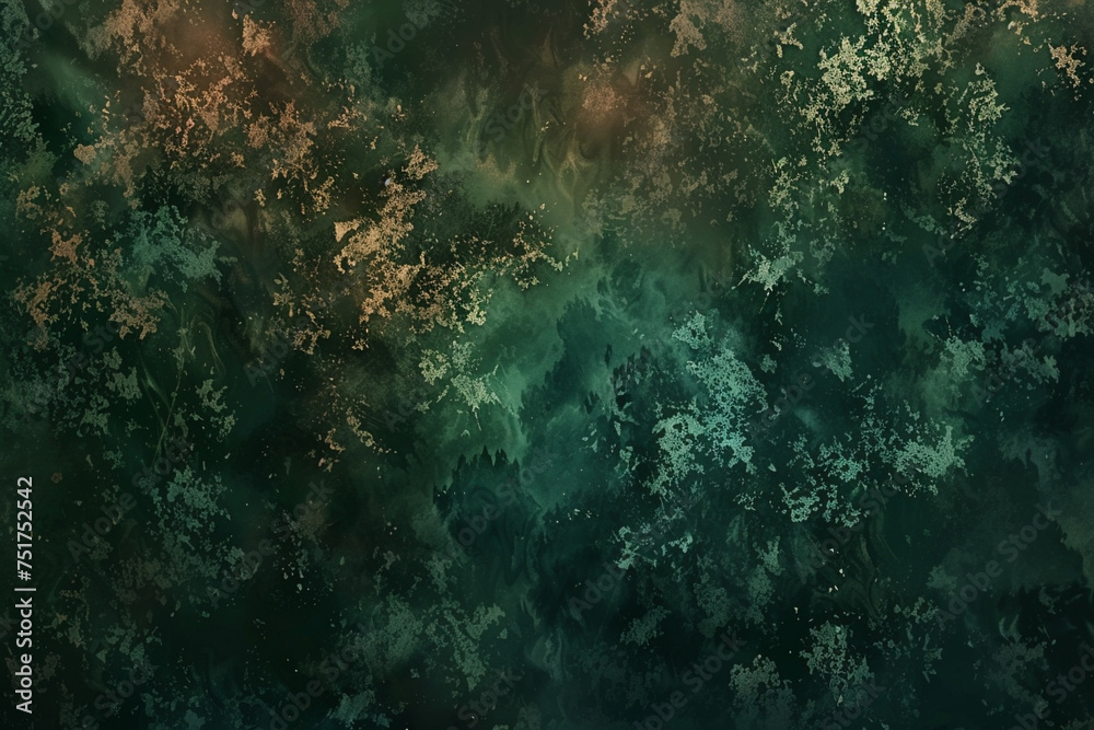 Forge a mottled background inspired by the deep, soothing tones of a dense forest just before nightfall, with dark greens, browns, and the occasional flicker of twilight piercing through the canopy - obrazy, fototapety, plakaty 